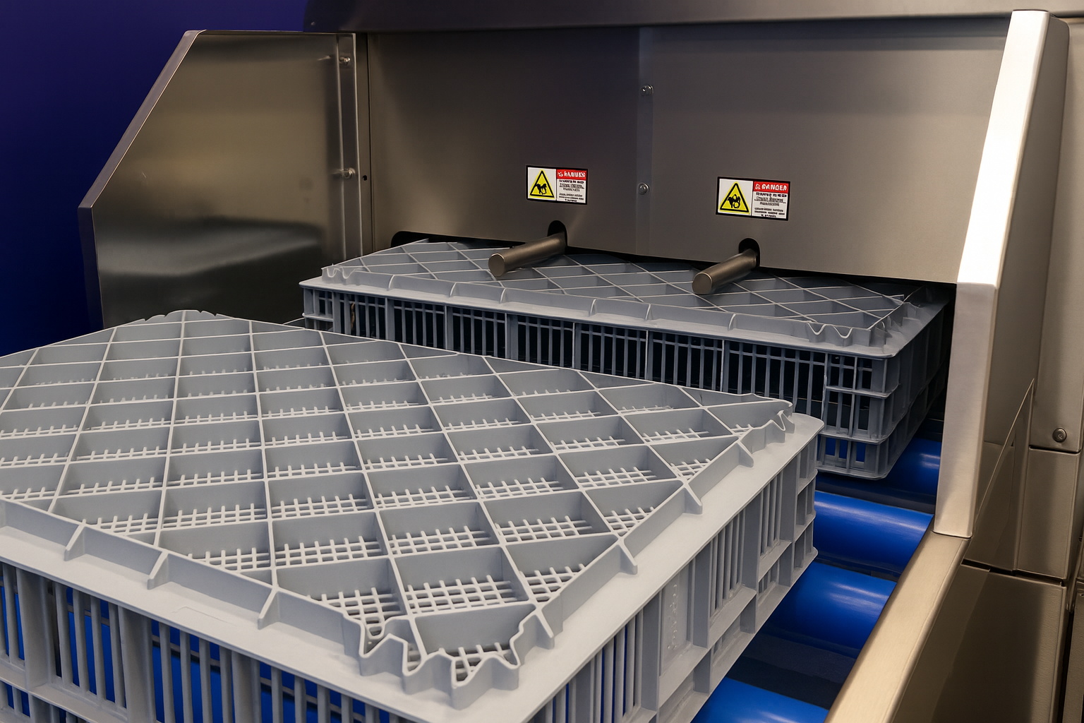 Durable stainless steel construction of a crate washer